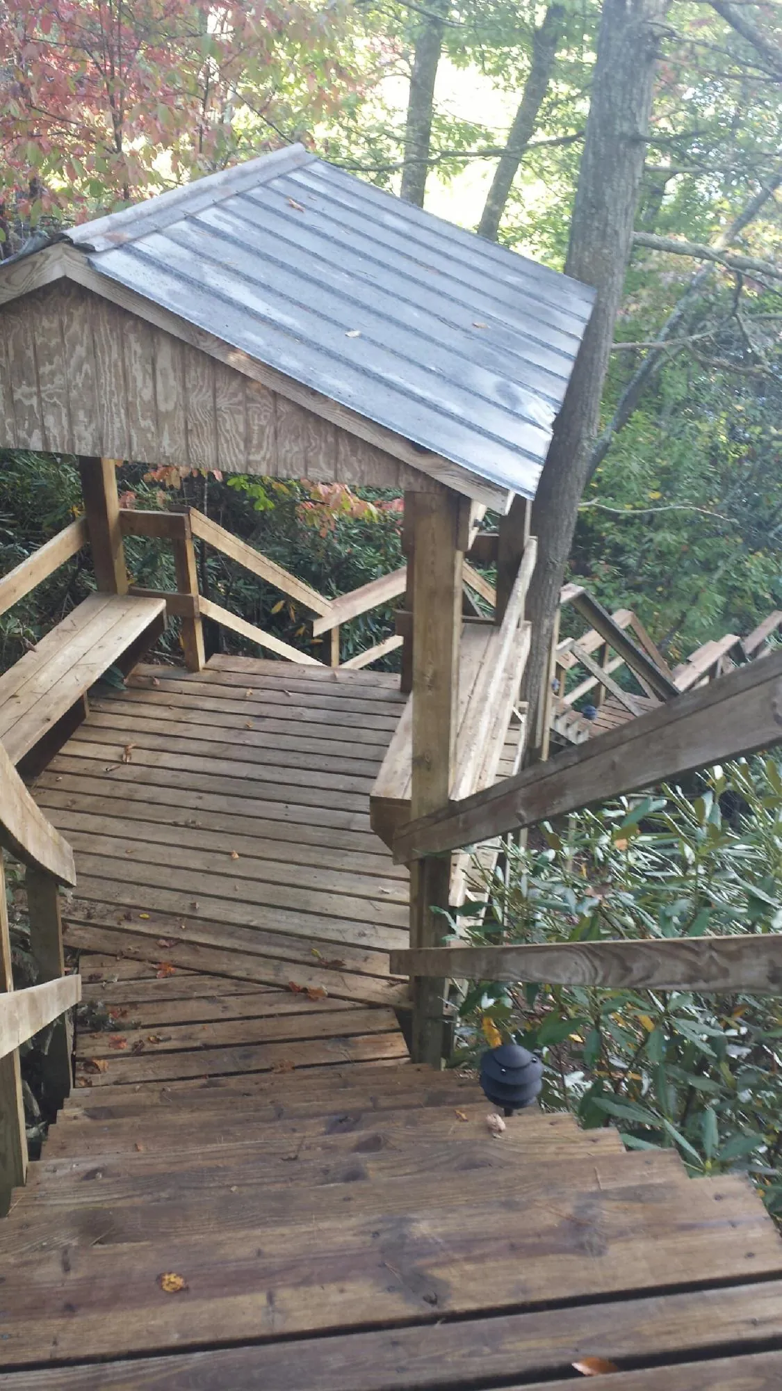 Metal roofed shelter over wooden steps on a wooded walkway — Skylight Repair & Installation work by our crew in Homer Glen
